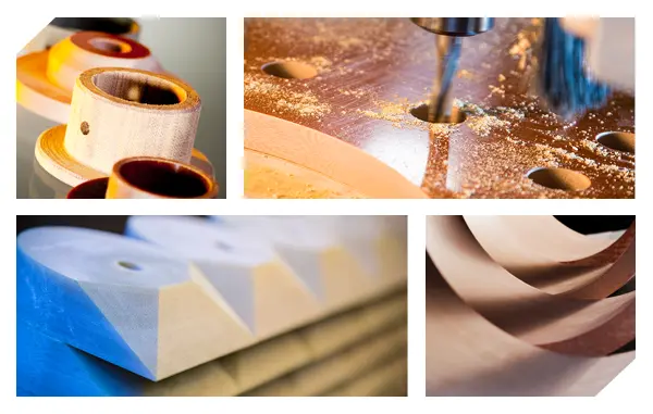 Collage of woodworking images: drilled holes, wood shavings, angled cuts, stacked wooden pieces, and engineering plastics integrated into precise designs.