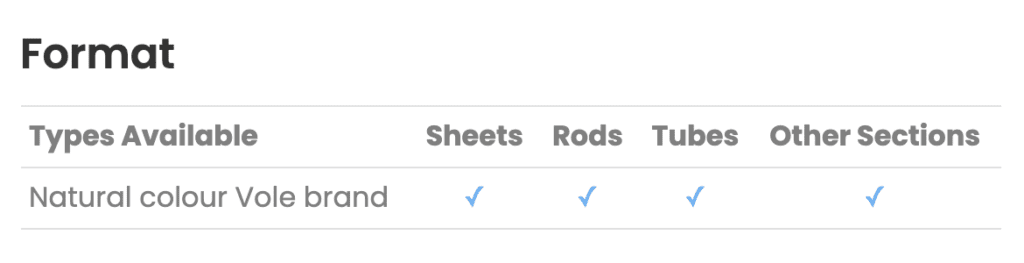 Table showing that natural colour Vole brand SRBF Material is available in sheets, rods, and tubes, but not other sections.