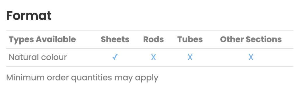 Table showing Natural colour SRBF Material is available in sheets only; rods, tubes, and other sections are not offered.