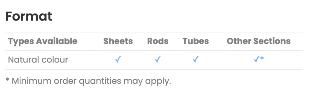 Table showing natural colour SRBF material available in sheets, rods, tubes, and some other sections; ticks mark availability.