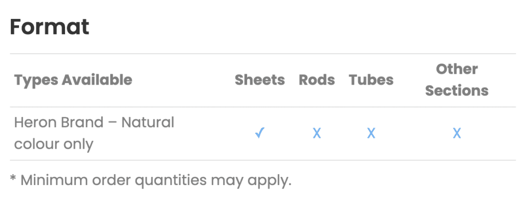 Table showing Heron Brand SRBP Material available only in sheets; rods, tubes, and other sections are unavailable.