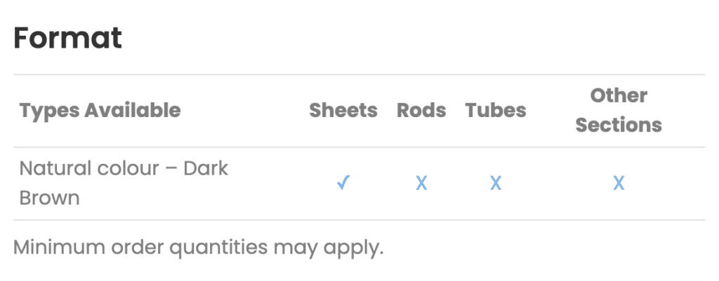 Table showing dark brown sheets available in SRBGF Material; rods, tubes, and other sections not available.