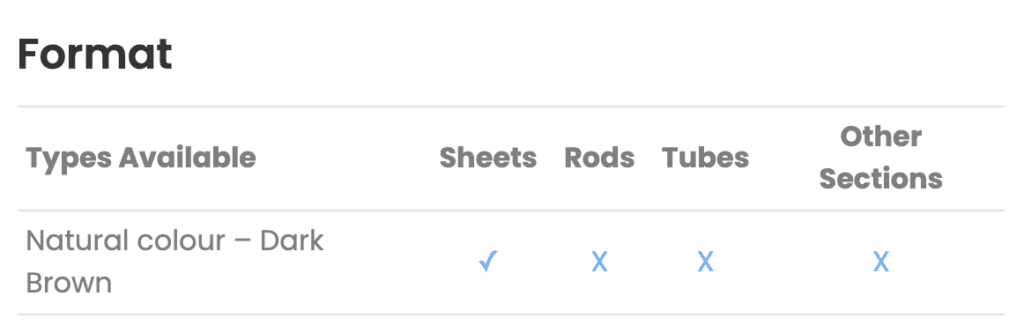 Table showing Natural colour – Dark Brown Polyimide Glass laminate available as sheets, not as rods, tubes, or other sections.