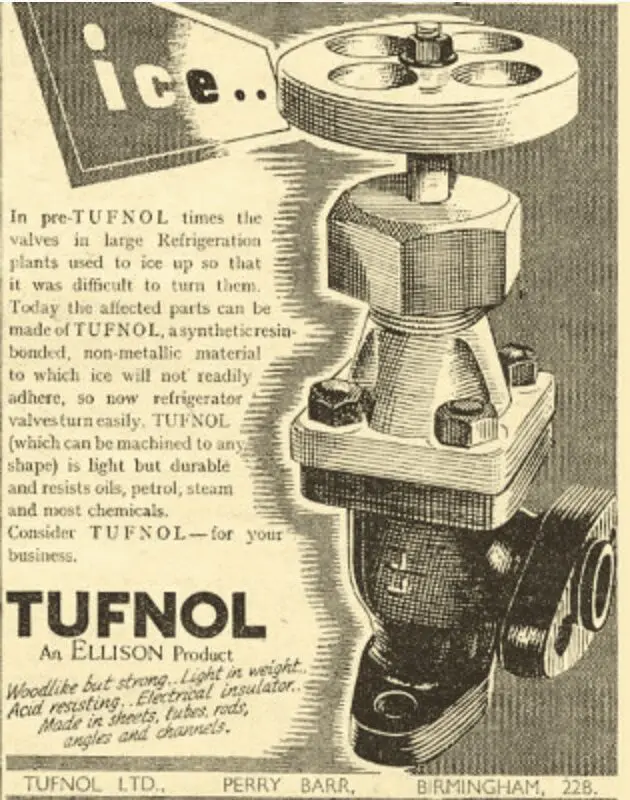 Vintage ad featuring a metal refrigeration valve, highlighting TUFNOL as one of the leading non-metallic engineering materials for manufacturing valve parts.