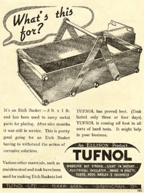 Black and white ad for a Tufnol etch basket, featuring a rectangular basket with handles, made from durable non-metallic engineering materials.