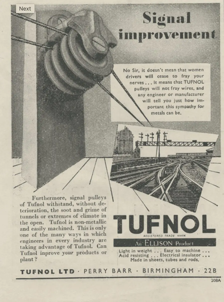 Vintage black-and-white ad for Tufnol signal pulleys, made from advanced non-metallic engineering materials, featuring product image and promotional text.