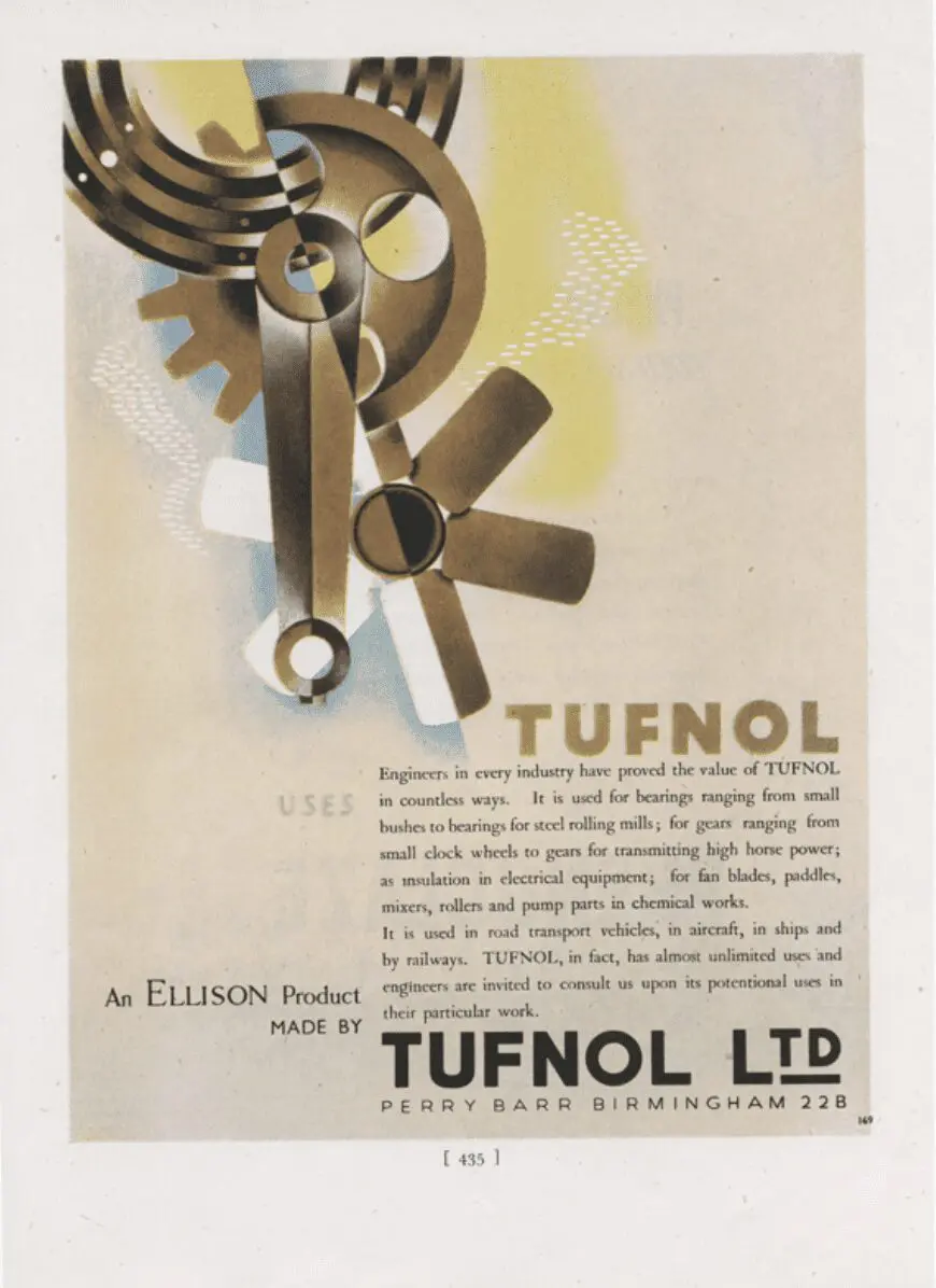 Vintage advertisement for Tufnol LTD featuring abstract gears and machinery, highlighting the advantages of non-metallic engineering materials with detailed text about product uses below.