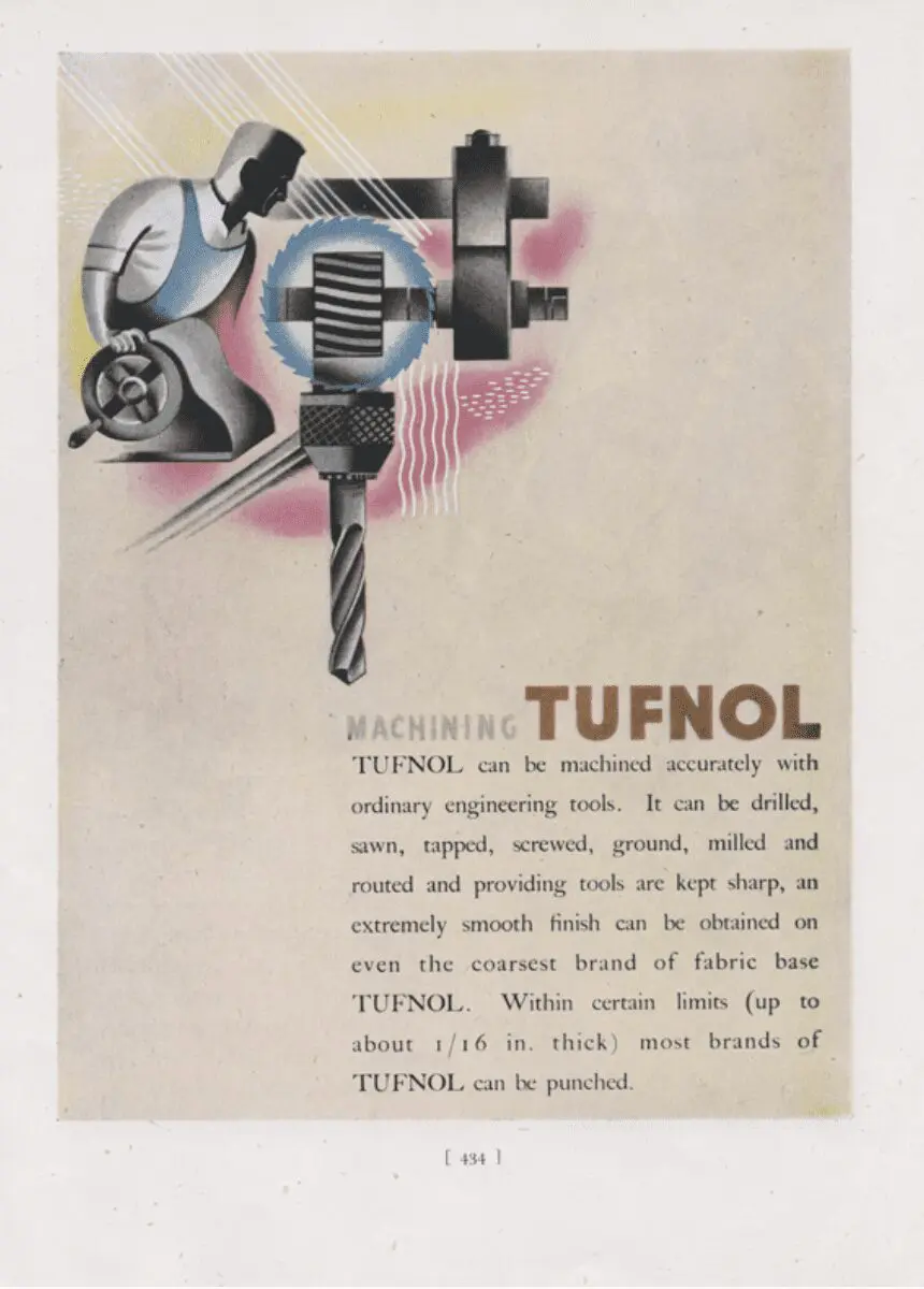 Stylized ad for machining Tufnol, a leading non-metallic engineering material, featuring machine parts, a worker, and text highlighting Tufnol’s outstanding machinability.