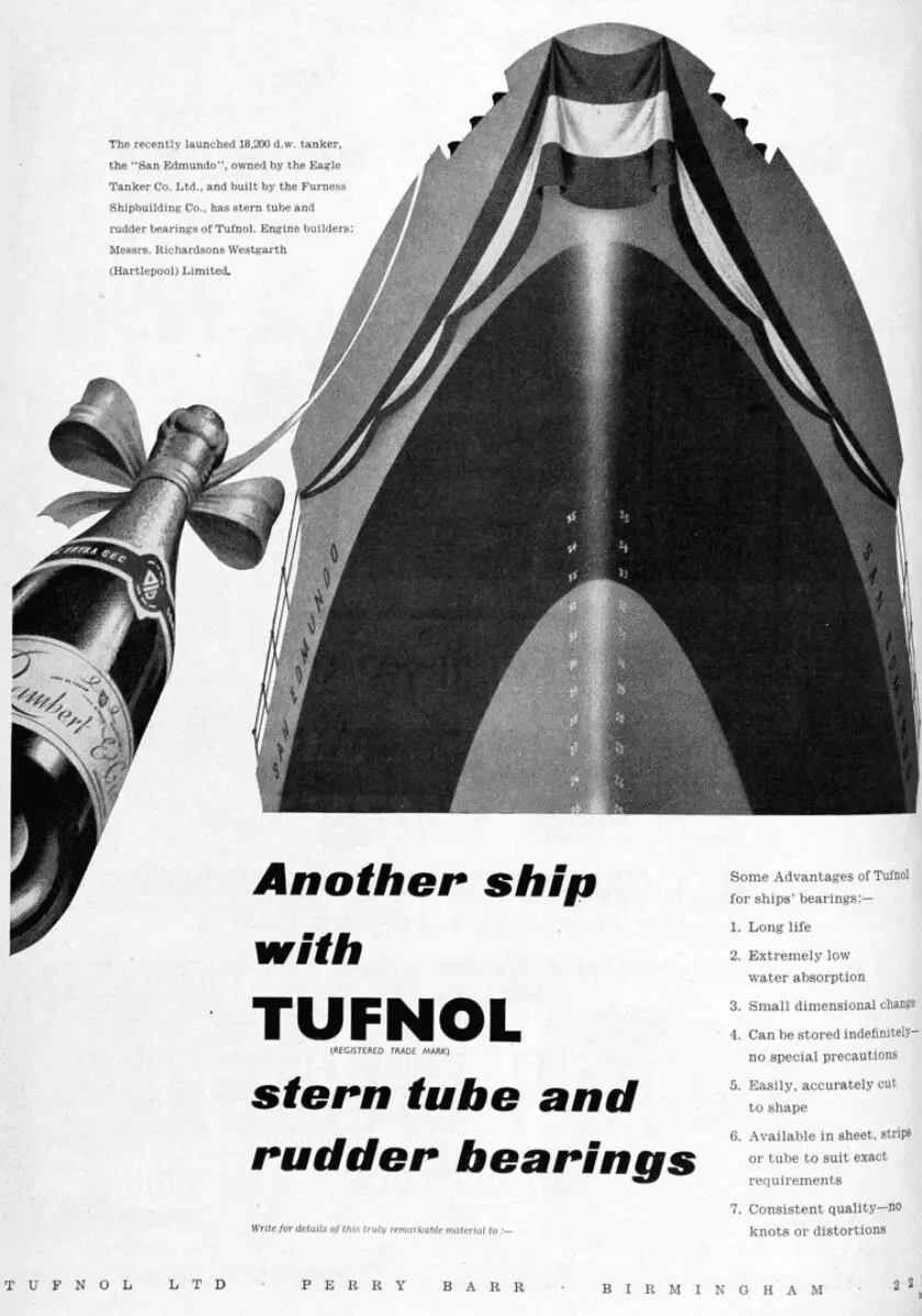 A champagne bottle toasts a large ship’s stern, highlighting Tufnol stern tube and rudder bearings made from top-quality non-metallic engineering materials.