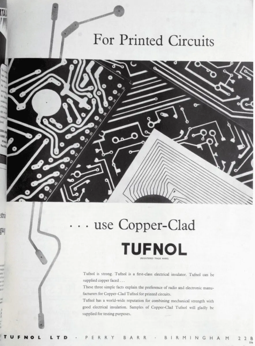 Black and white ad showing printed circuit boards, promoting Copper-Clad Tufnol—an advanced choice in non-metallic engineering materials for printed circuits.