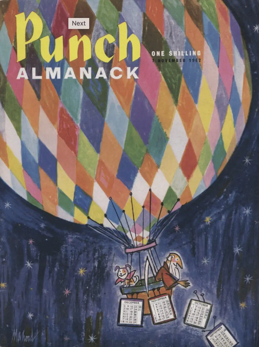 Colorful hot air balloon crafted from non-metallic engineering materials, with two cartoon characters floating over a starry sky; Punch Almanack cover.