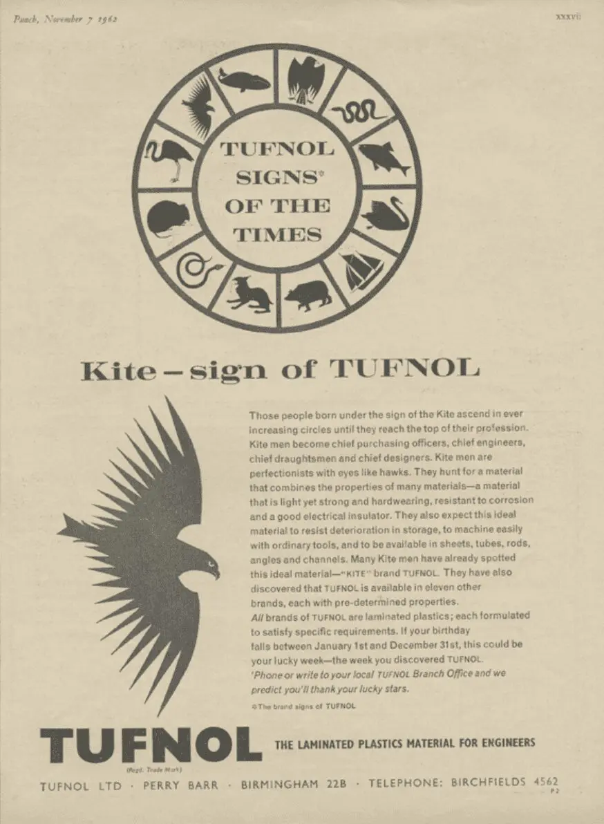 Vintage Tufnol ad with zodiac signs and a large kite symbol, featuring text about laminated plastics and innovative non-metallic engineering materials.