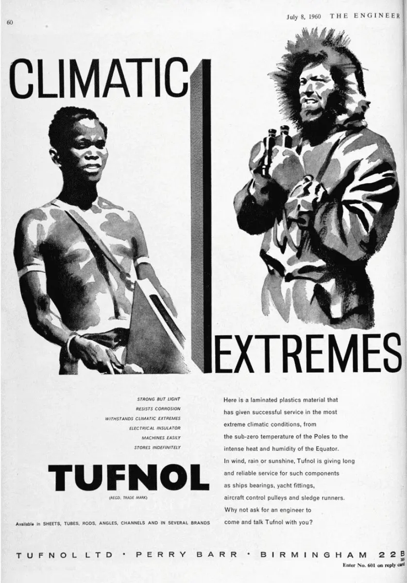 Black-and-white ad shows two men in contrasting attire, highlighting Climatic Extremes for Tufnol, a leader in non-metallic engineering materials.