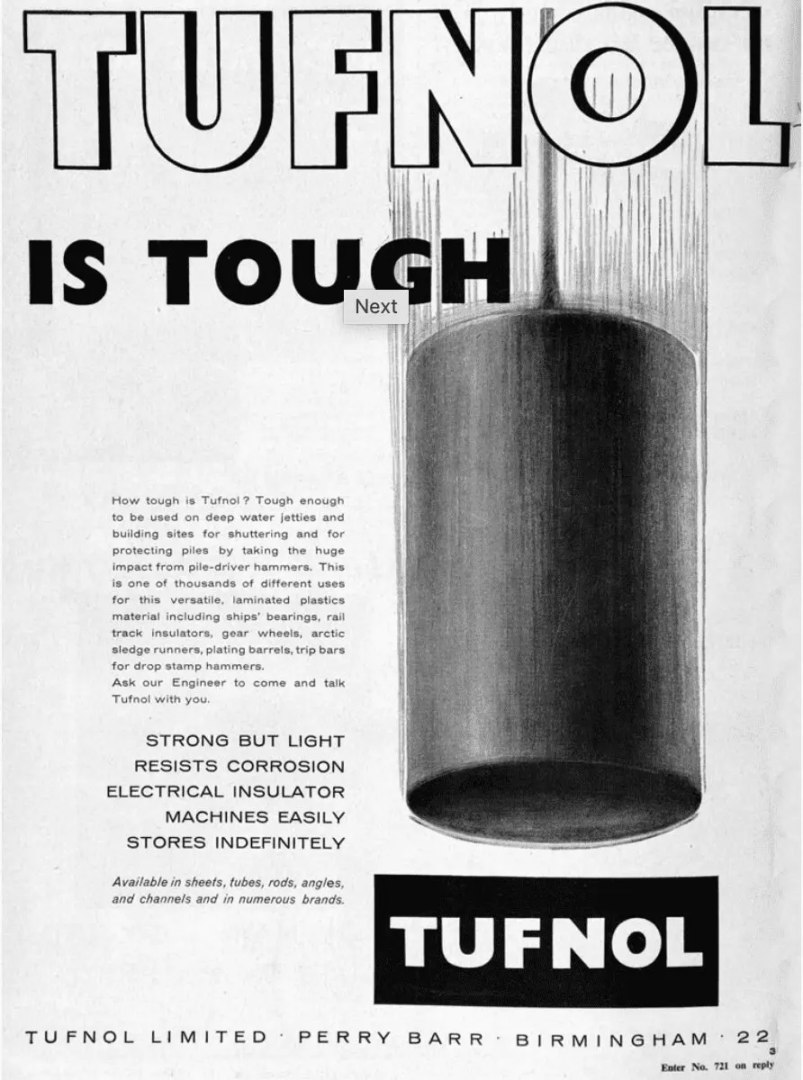 A black-and-white ad shows a Tufnol cylinder with wires emerging, and bold text declaring Tufnol is tough—highlighting it as one of the leading non-metallic engineering materials.