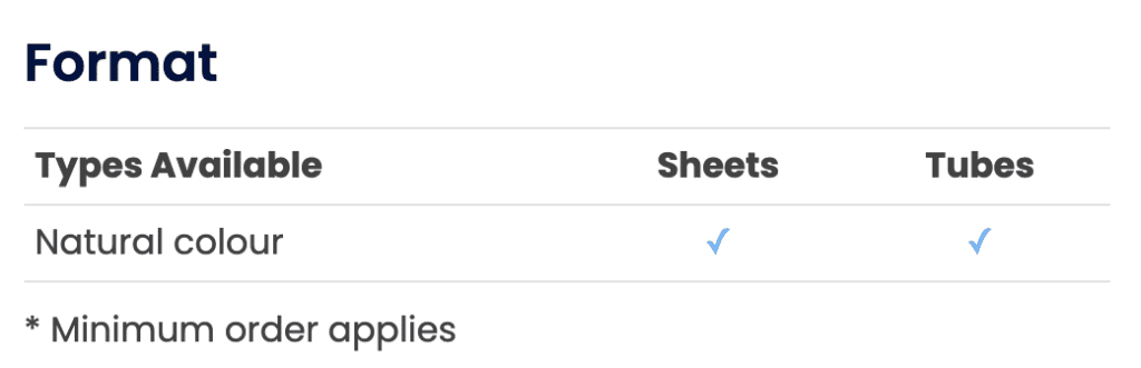 Table showing Natural colour available in Sheets and Tubes formats for fabric based laminates; minimum order applies.
