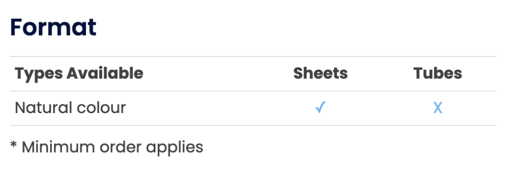Table showing natural colour Vulcanised Fibre sheet available in sheets (checkmark) and not in tubes (X). Minimum order applies.
