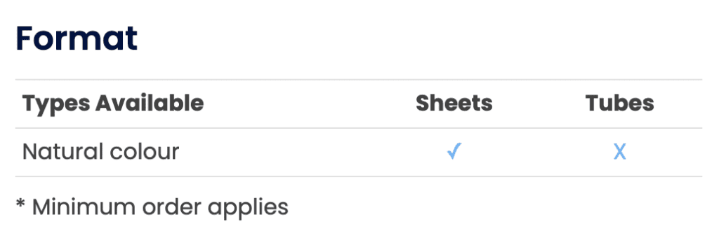 Table showing Natural colour available as sheets (check mark) but not tubes (X) for Moulded Standoff Insulators; minimum order applies.