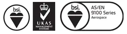 Three certification logos: BSI, UKAS Management Systems, and AS/EN 9100 Series Aerospace certification for engineering plastics.