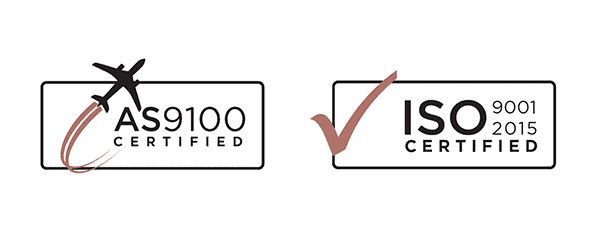 AS9100 Certified logo featuring an airplane, highlighting aerospace engineering excellence, alongside the ISO 9001:2015 Certified logo with a checkmark.