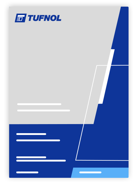 Blue and gray Tufnol brochure cover with white lines, geometric shapes, and a subtle nod to Cotton Fabric Laminates SRBF.