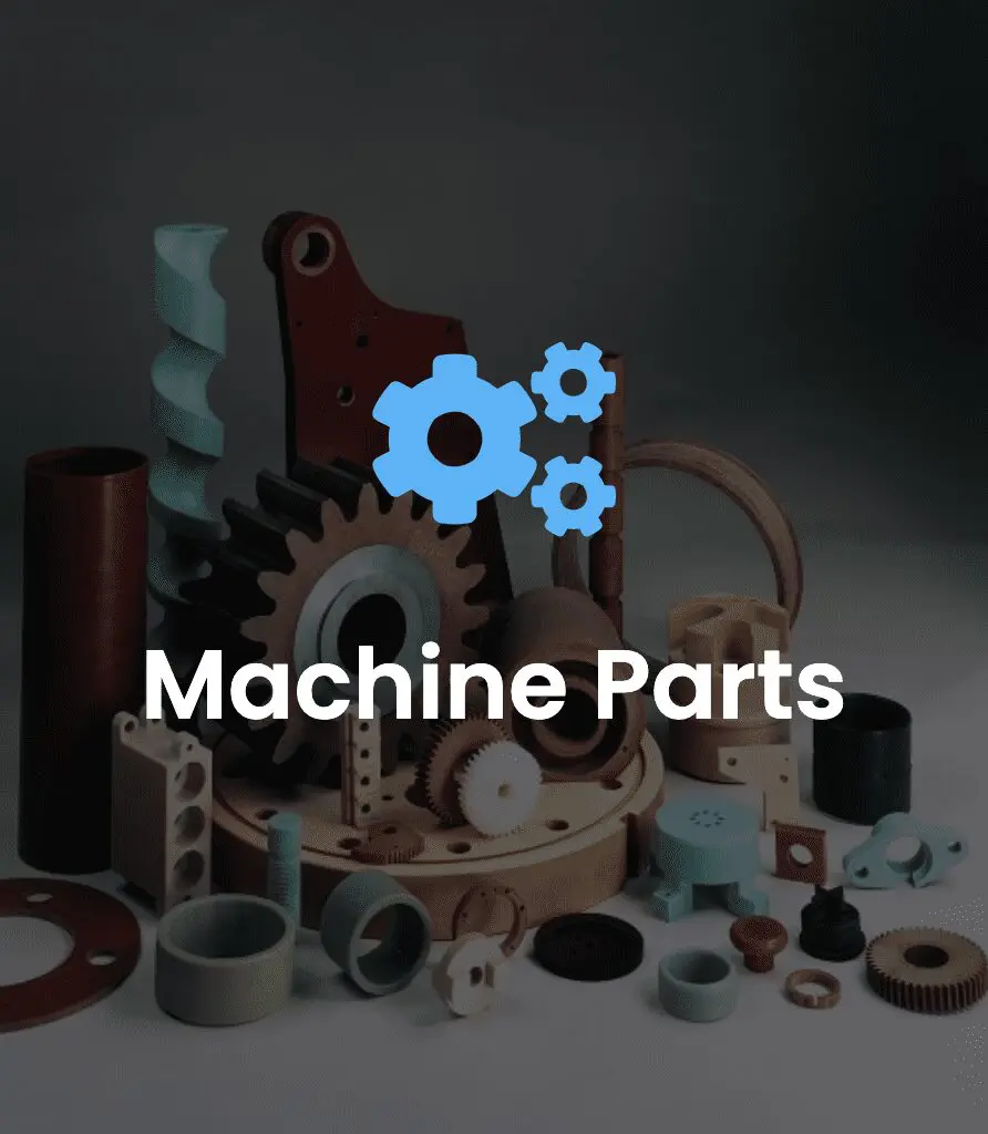 Assorted machine parts and gears arranged together with the text Machine Parts and gear icons overlayed.