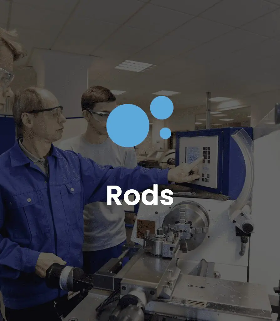 Three people operate a machine in a lab, with the word Rods and blue circles overlaid on the image.