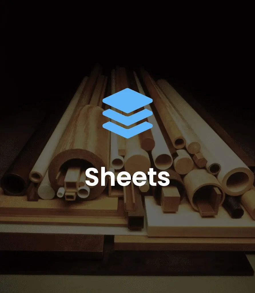 Various plastic sheets and rods stacked together, with a blue sheets icon and the word Sheets overlaid.