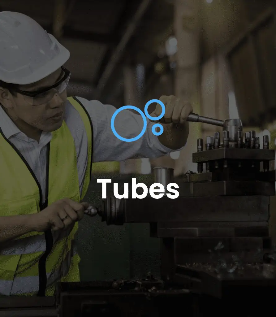 Man in safety gear operating a metalworking machine with the word Tubes and blue bubble graphics overlayed.