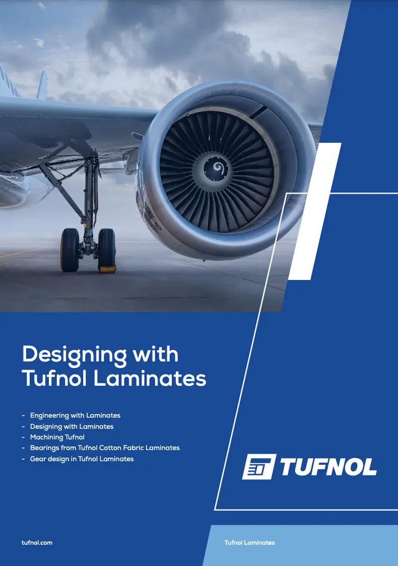 Close-up of an airplane engine with text about designing with Tufnol Laminates on a blue background.