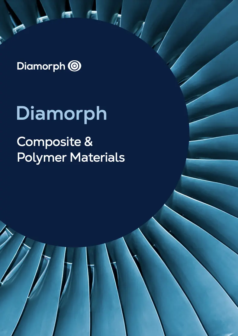 Close-up of blue turbine blades with a dark blue circle overlay showing Diamorph Composite & Polymer Materials text.