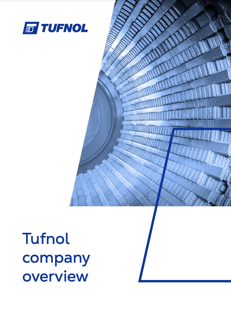 Tufnol company overview cover with blue-toned industrial machinery and geometric design elements.