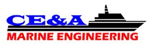 Logo with CE&A in blue, MARINE ENGINEERING in red, and a black ship silhouette above the text, highlighting expertise in engineering plastics.
