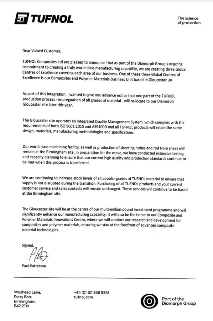 A business letter from Tufnol about relocating operations to their Diaromph Gloucester site, dated April 1, 2023.