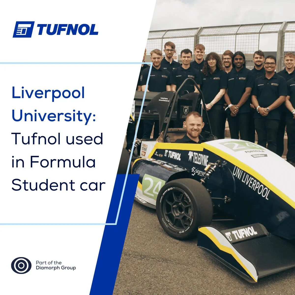 Tufnol Templates 1 (linkedin) (8) A group with a Formula Student car, labeled Liverpool University, featuring the Tufnol logo.