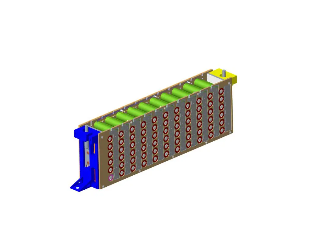 3D model of a battery pack with green cylindrical cells and metal casing, mounted on a blue and yellow frame.