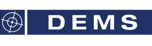A blue rectangle with a white bullseye icon and the word DEMS in bold white letters, representing excellence in engineering plastics.