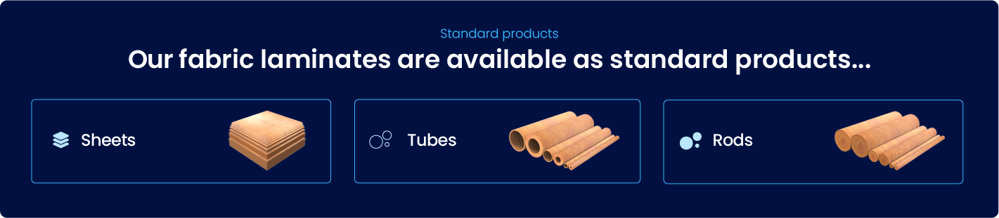 tufnol_new-website_specified-products assets 2_Fabric Three product types—sheets, tubes, and rods of SRBP material fabric laminates—are displayed on a dark blue background.