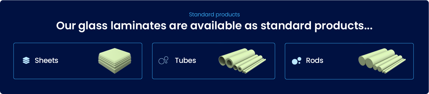 Three types of glass laminates—sheets, tubes, and rods—made with durable laminated glass fabric, are displayed with matching icons on a dark blue background.