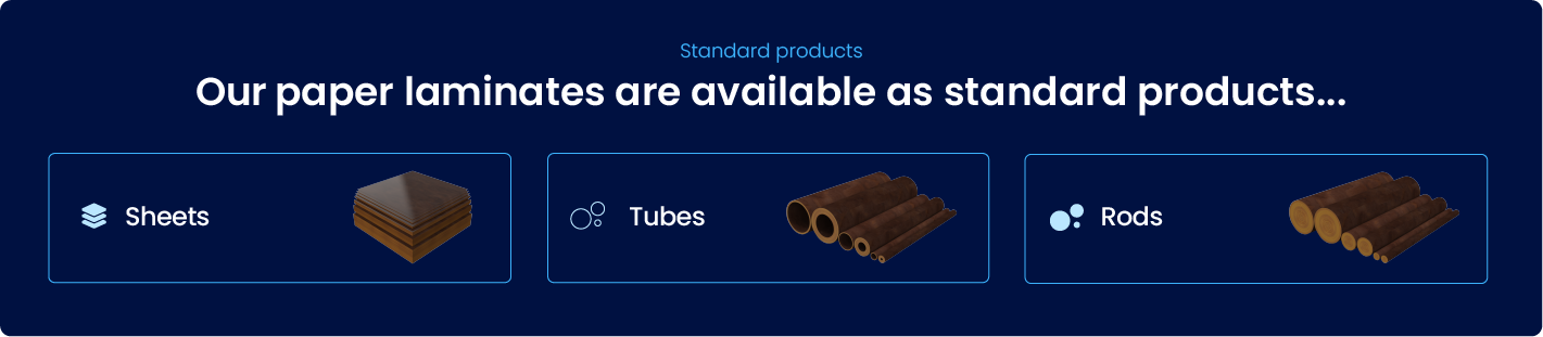Paper laminates made from SRBP material are available as sheets, tubes, and rods, shown with icons and labeled images on a blue background.