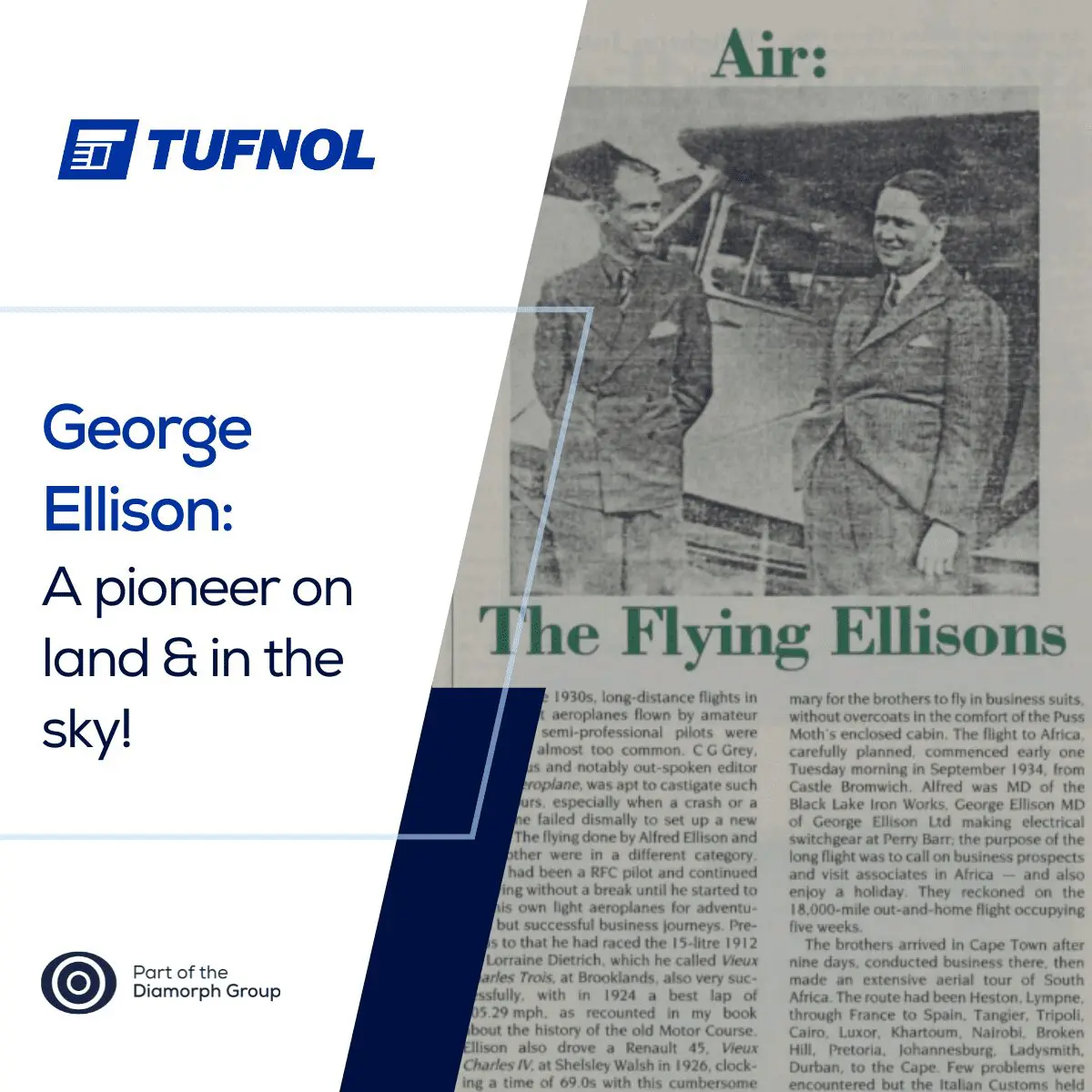 Tufnol Templates 1 (linkedin) (2) Two men stand beside a small plane; text reads: The Flying Ellisons—A pioneer on land & in the sky!.