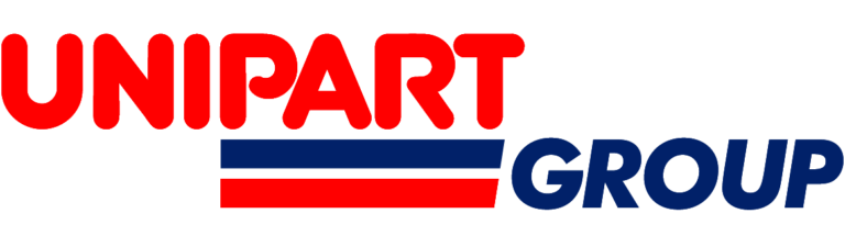 Unipart Group logo with red and blue text and two horizontal stripes underneath.