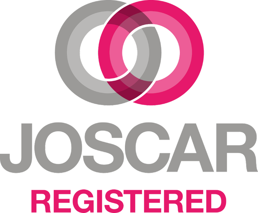JOSCAR logo with two overlapping rings and the word REGISTERED below in bold pink letters.