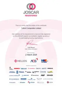 JOSCAR certificate for Tufnol Composites Limited, renewed until 2 March 2025, with various company logos at the bottom.