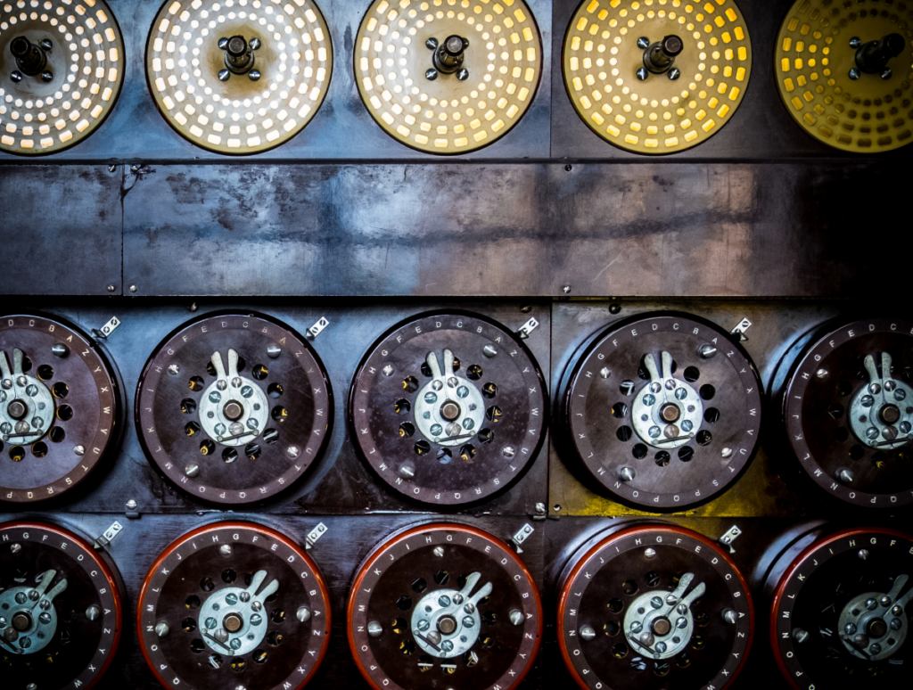 Close-up of the rotors and dials on a pioneer Enigma machine.