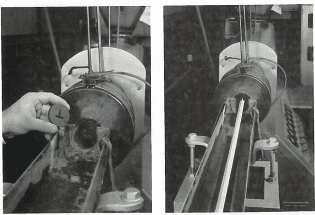 Side-by-side images show a hand placing a disk in a metal testing apparatus and a close-up of the apparatus.