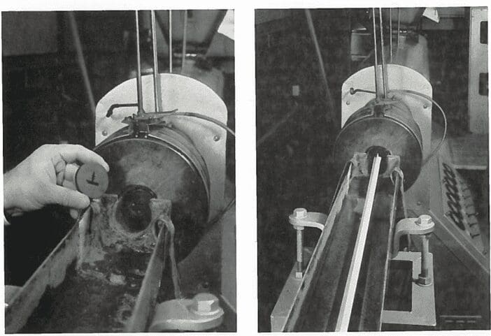 Side-by-side images show a hand placing a disk in a metal testing apparatus and a close-up of the apparatus.