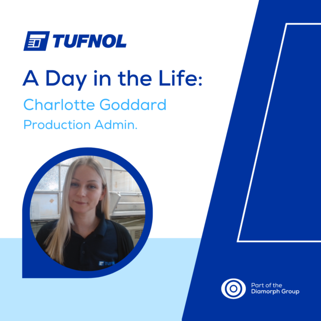 Day in the life – Charlotte Goddard. A woman with long blonde hair wears a Tufnol shirt, featured in a Day in the Life graphic for Production Admin.