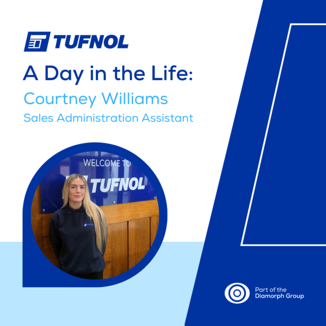 Tufnol Social Posts (8) A woman in a Tufnol uniform stands by a sign, with text about her Sales Administration Assistant role.