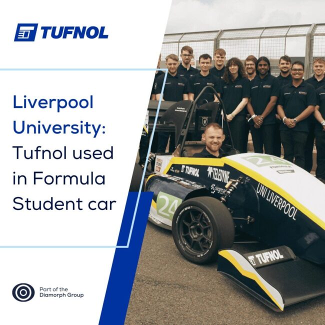 Tufnol Templates 1 (linkedin) (8) A group with a Formula Student car, labeled Liverpool University, featuring the Tufnol logo.