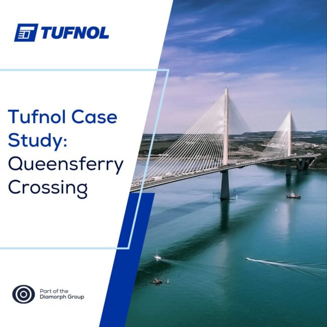 Tufnol Templates 1 (linkedin) (11) A cable-stayed bridge spans water under a blue sky, with text about a Tufnol case study on Queensferry Crossing.